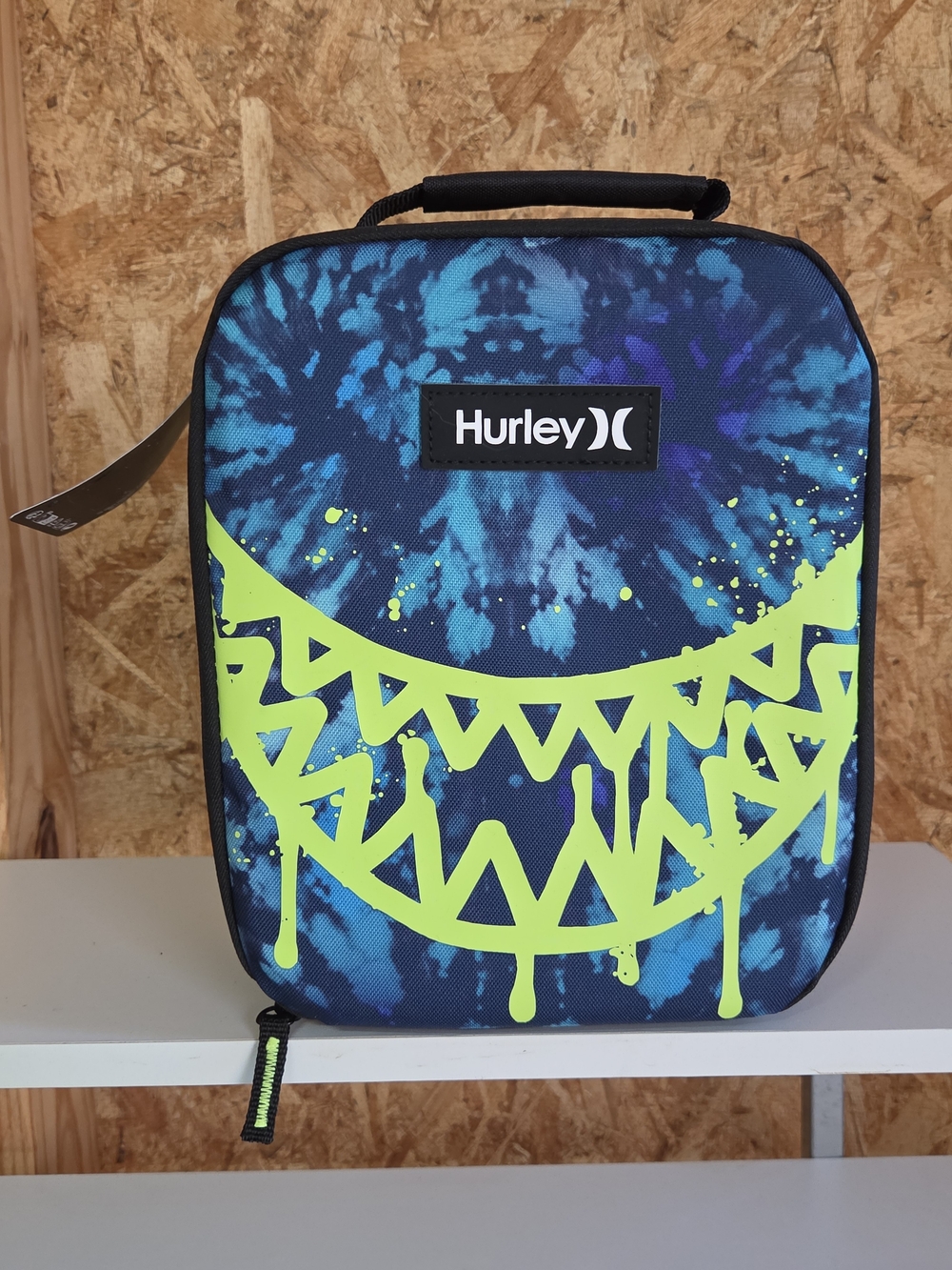 Hurley Menโs Blue Tie-Dye Toiletry Bag with Neon Green Graphic